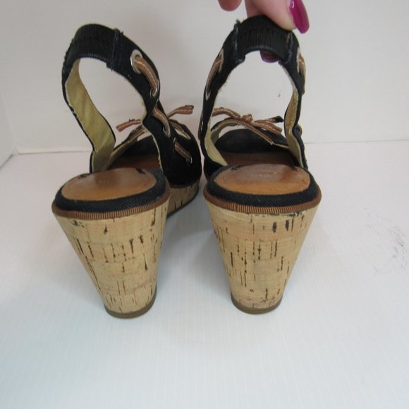 Sperry Black Wedge Sling Back Peep Toe Heels Sandals - Picture 5 of 10